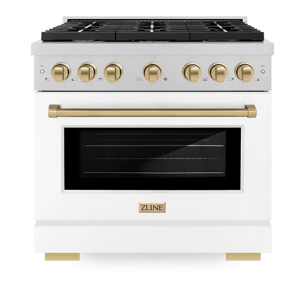 ZLINE Autograph Edition 36 in. 5.2 cu. ft. Paramount Dual Fuel Range with 6 Burner Gas Cooktop and Electric Convection Oven in DuraSnow' Stainless Steel with White Matte Door and Champagne Bronze Accents (SDRSZ-WM-36-CB)