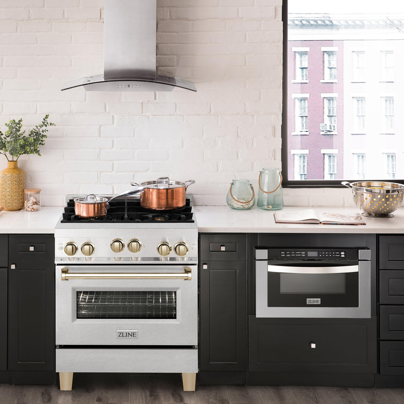 ZLINE 30" 4.0 cu. ft. Range with Gas Stove and Gas Oven in DuraSnow® Stainless Steel with Accents (RGSZ-SN-30) [Accent: Champagne Bronze]