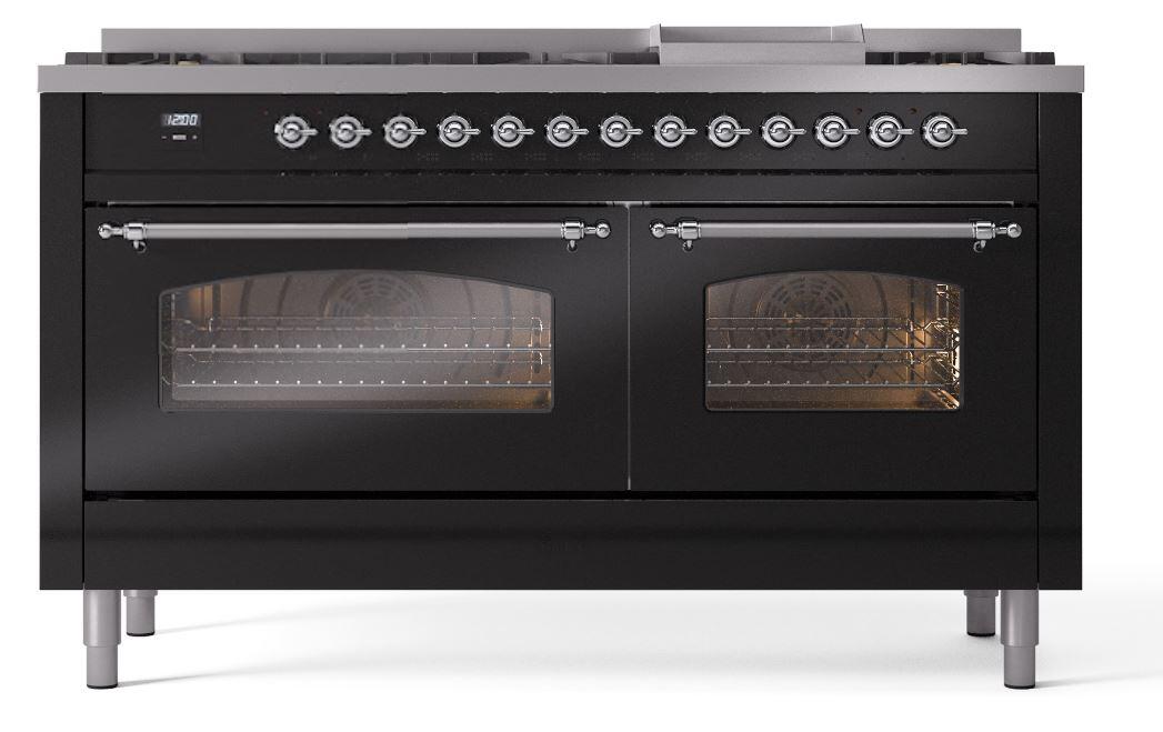 Nostalgie II 60 Inch Dual Fuel Liquid Propane Freestanding Range in Glossy Black with Chrome Trim