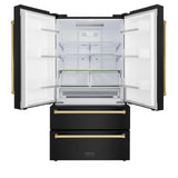 ZLINE 36" Autograph Edition 22.5 cu. ft Freestanding French Door Refrigerator with Ice Maker in Fingerprint Resistant Black Stainless Steel with Accents (RFMZ-36-BS) [Color: Gold Accents]