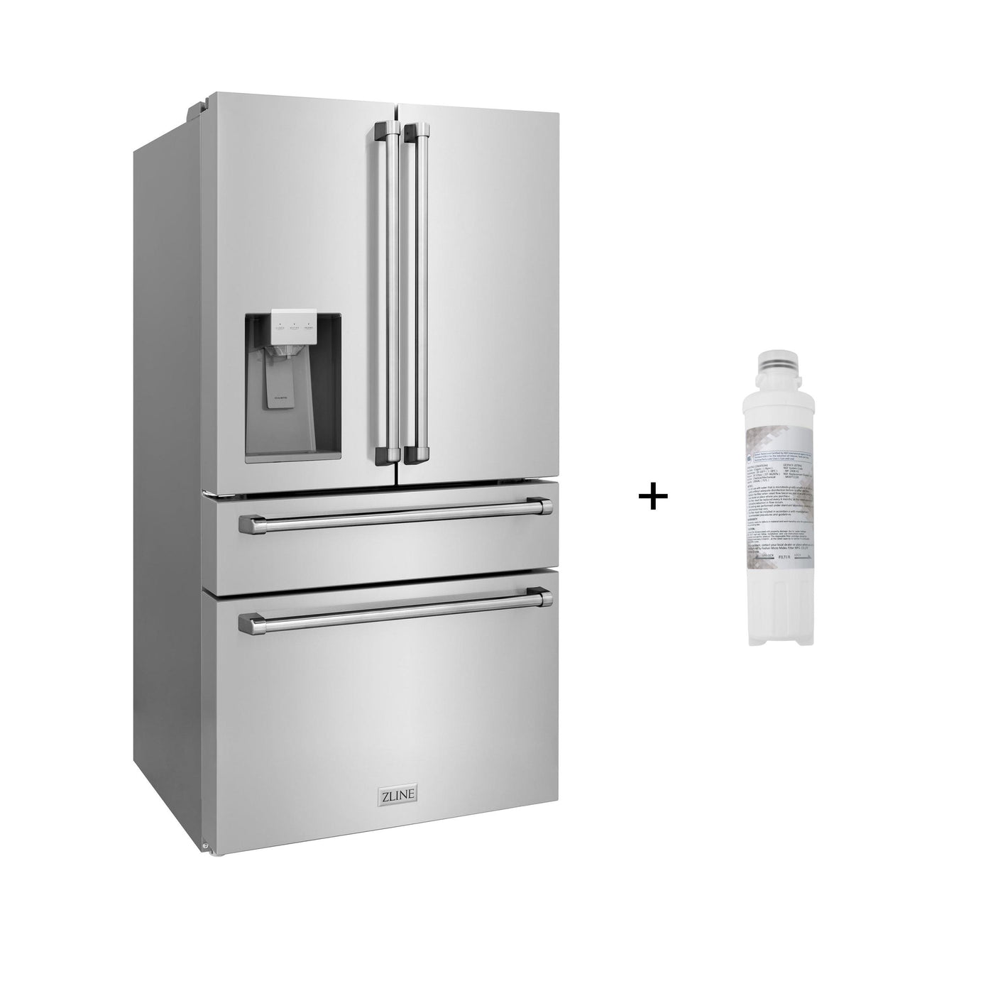 ZLINE 36" 21.6 cu. ft. 4-Door French Door Refrigerator with Water and Ice Dispenser and Water Filter in Fingerprint Resistant Stainless Steel (RFM-W-WF-36)