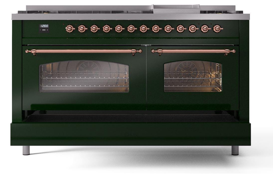 Nostalgie II 60 Inch Dual Fuel Liquid Propane Freestanding Range in Emerald Green with Copper Trim