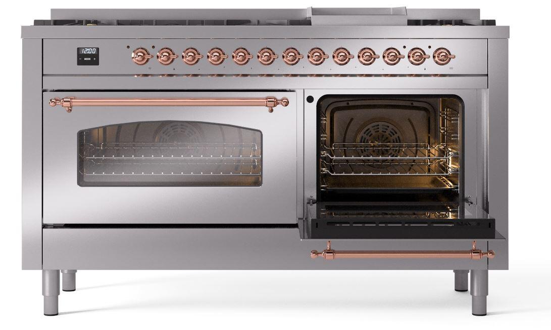 Nostalgie II 60 Inch Dual Fuel Natural Gas Freestanding Range in Stainless Steel with Copper Trim