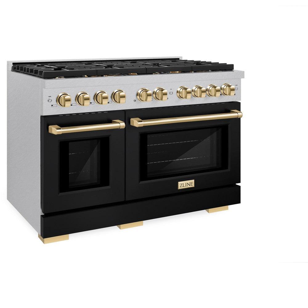 ZLINE Autograph Edition 48 in. 6.7 cu. ft. Paramount Double Oven Dual Fuel Range with 8 Burner Gas Cooktop in DuraSnow' Stainless Steel with Black Matte Door and Polished Gold Accents (SDRSZ-BLM-48-G)