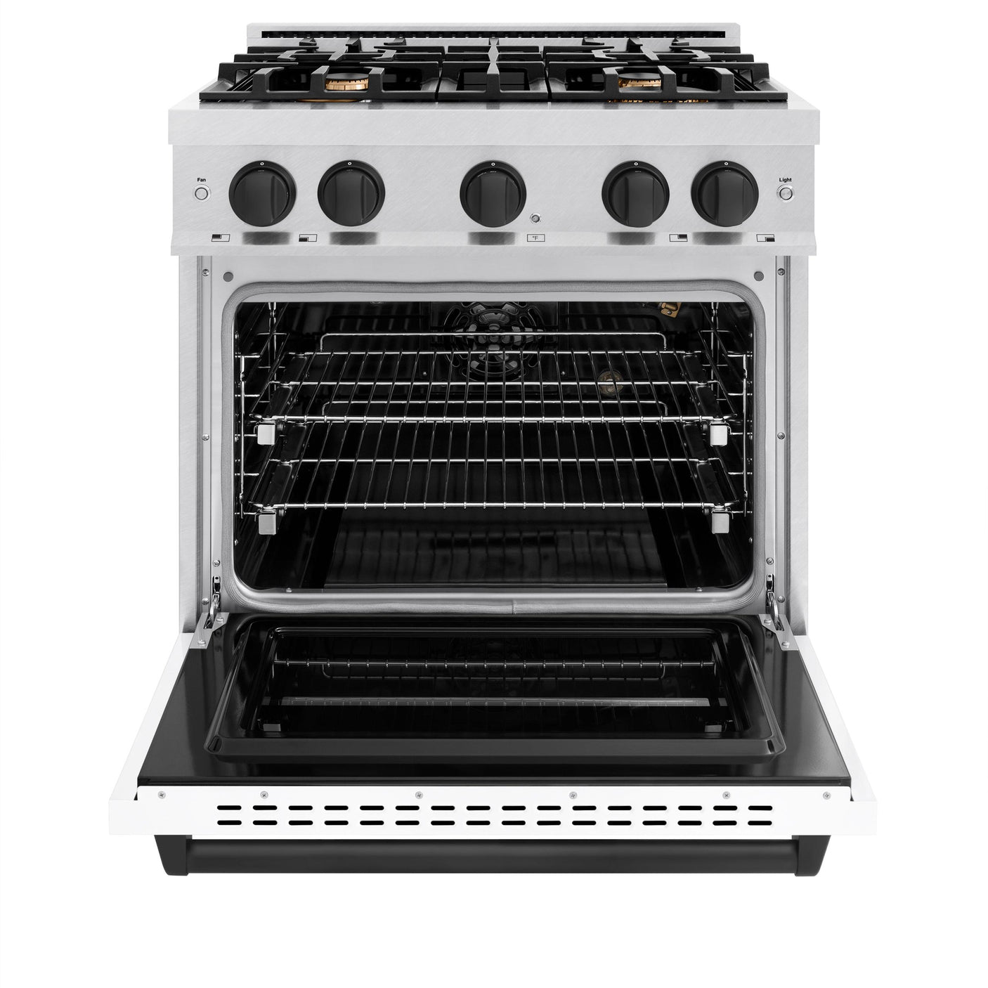 ZLINE Autograph Edition 30 in. 4.2 cu. ft. Classic Gas Range with 4 Burner Cooktop and Convection Gas Oven in DuraSnow' Stainless Steel with White Matte Door and Matte Black Accents (CGRSZ-WM-30-MB)