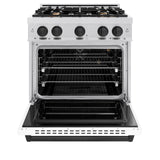 ZLINE Autograph Edition 30 in. 4.2 cu. ft. Classic Gas Range with 4 Burner Cooktop and Convection Gas Oven in DuraSnow' Stainless Steel with White Matte Door and Matte Black Accents (CGRSZ-WM-30-MB)