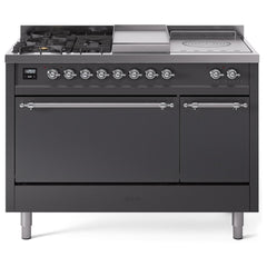 ILVE Nostalgie II 48 UP48FSQNMPMGC Freestanding Dual Fuel Range with 5 Sealed Burners Yes and French Top Double Oven with Solid Door in Graphite Matte with Chrome knobs