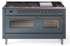 Nostalgie II 60 Inch Dual Fuel Liquid Propane Freestanding Range in Blue Grey with Brass Trim