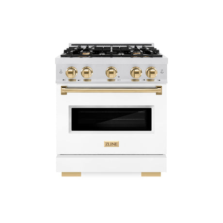 ZLINE Autograph Edition 30 in. 4.2 cu. ft. Classic Dual Fuel Range with 4 Burner Gas Cooktop and Electric Convection Oven in DuraSnow' Stainless Steel with White Matte Door and Polished Gold Accents (CDRSZ-WM-30-G)