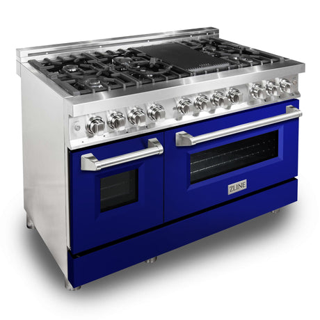 ZLINE 48 in. Dual Fuel Range with Gas Stove and Electric Oven in Stainless Steel (RA48) [Color: Blue Gloss]