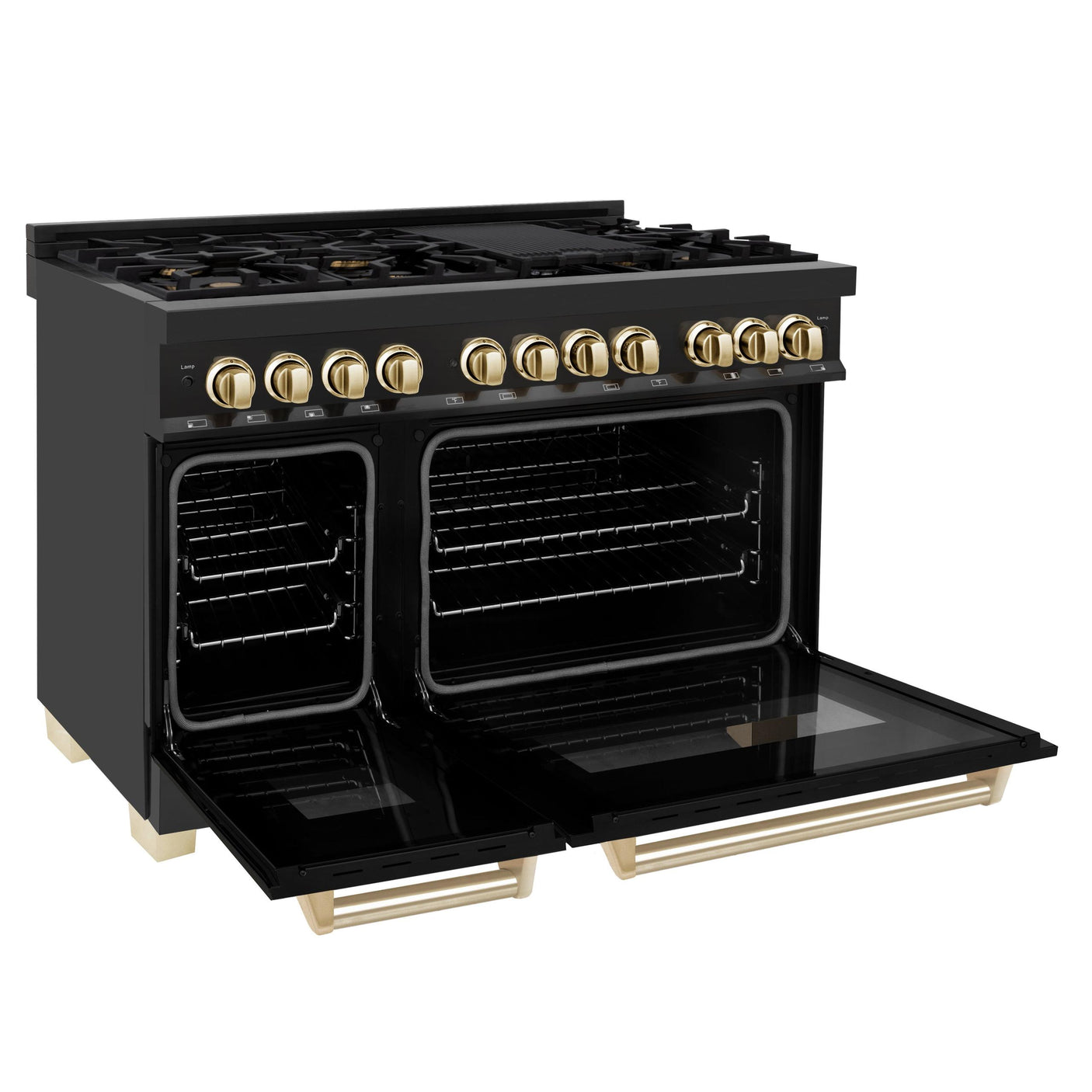 ZLINE Autograph Edition 48" 6.0 cu. ft. Dual Fuel Range with Gas Stove and Electric Oven in Black Stainless Steel with Accents (RABZ-48) [Color: Gold]