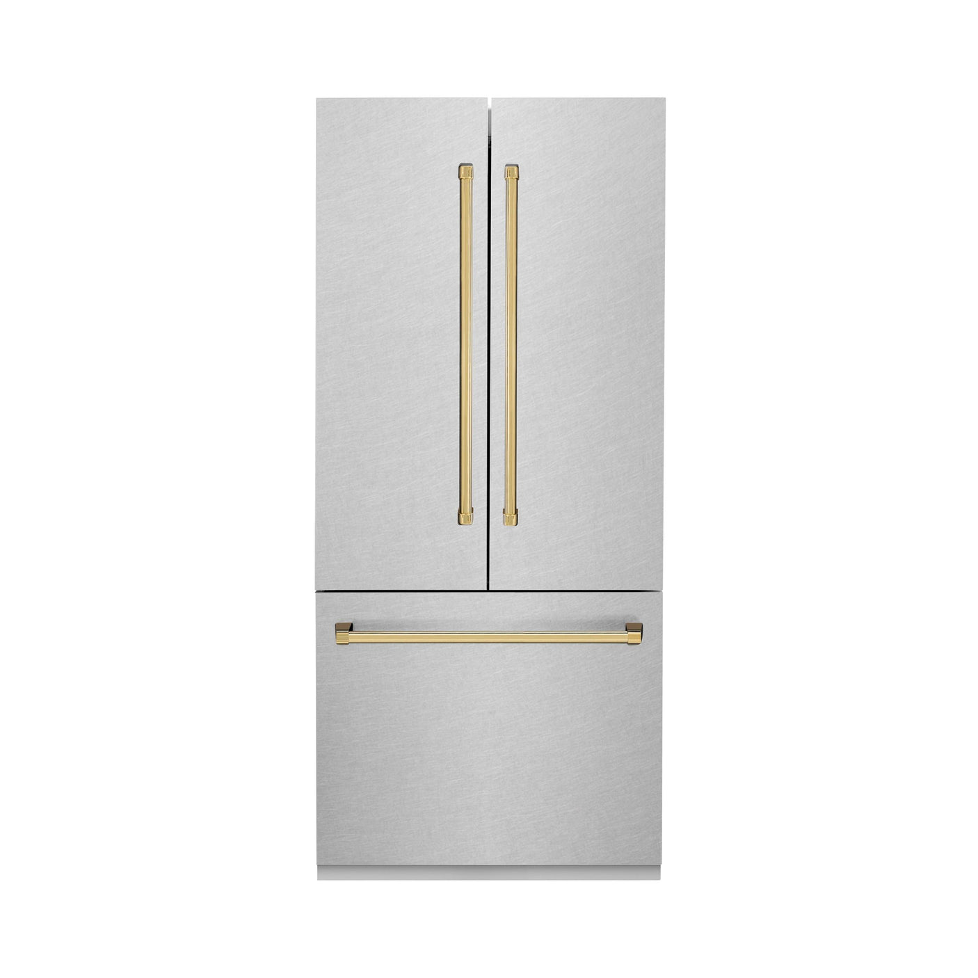 ZLINE 36" Autograph Edition 19.6 cu. ft. Built-in 3-Door French Door Refrigerator with Internal Water and Ice Dispenser in Fingerprint Resistant Stainless Steel with Polished Gold Accents (RBIVZ-SN-36-G)