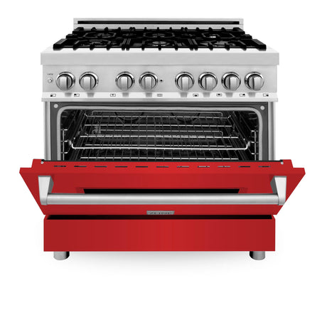 ZLINE 36 in. Dual Fuel Range with Gas Stove and Electric Oven in Stainless Steel (RA36) [Color: Red Matte]