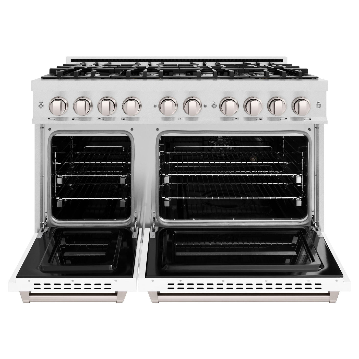 ZLINE 48 in. 6.7 cu. ft. Classic Double Oven Dual Fuel Range with 8 Burner Gas Cooktop in DuraSnow' Stainless Steel with White Matte Doors (CDRS-WM-48)