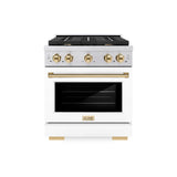 ZLINE Autograph Edition 30 in. 4.2 cu. ft. Paramount Dual Fuel Range with 4 Burner Gas Cooktop and Electric Convection Oven in Stainless Steel with White Matte Door and Polished Gold Accents (SDRZ-WM-30-G)