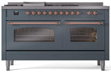 Nostalgie II 60 Inch Dual Fuel Liquid Propane Freestanding Range in Blue Grey with Copper Trim