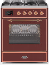 Majestic II 30 Inch Dual Fuel Natural Gas Freestanding Range in Burgundy with Copper Trim