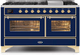 Majestic II 60 Inch Dual Fuel Natural Gas Freestanding Range in Blue with Brass Trim