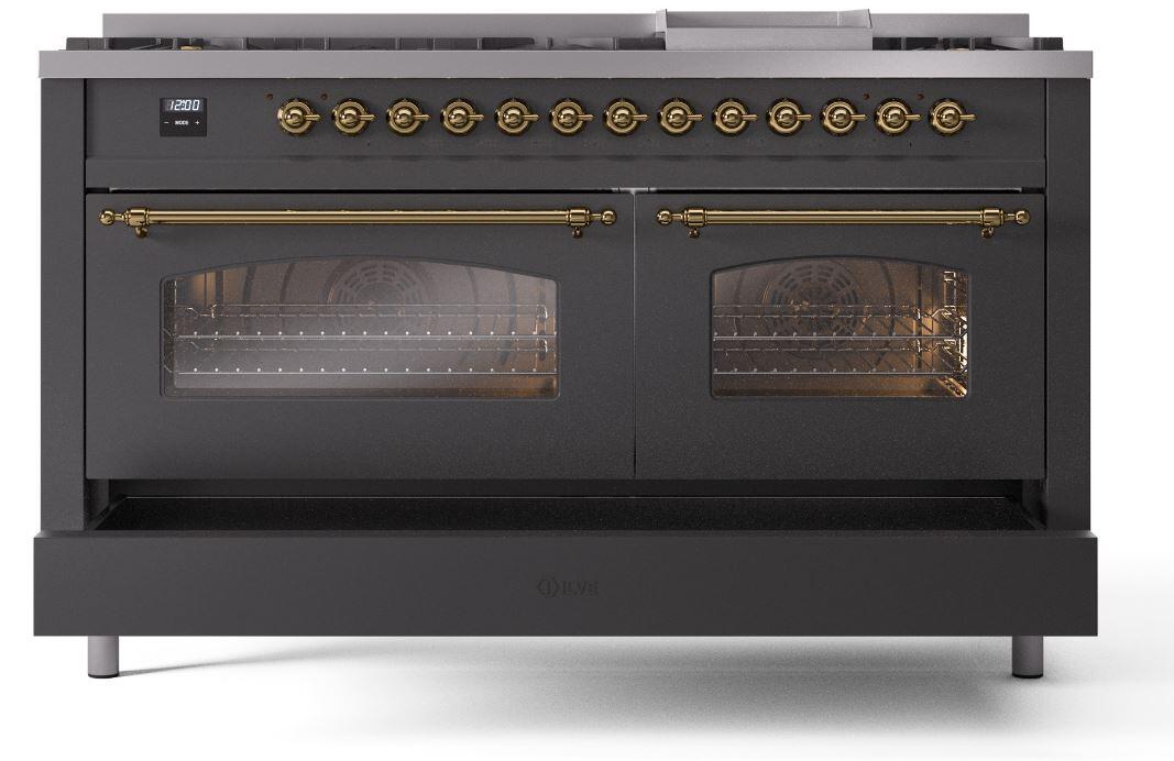 Nostalgie II 60 Inch Dual Fuel Natural Gas Freestanding Range in Matte Graphite with Brass Trim