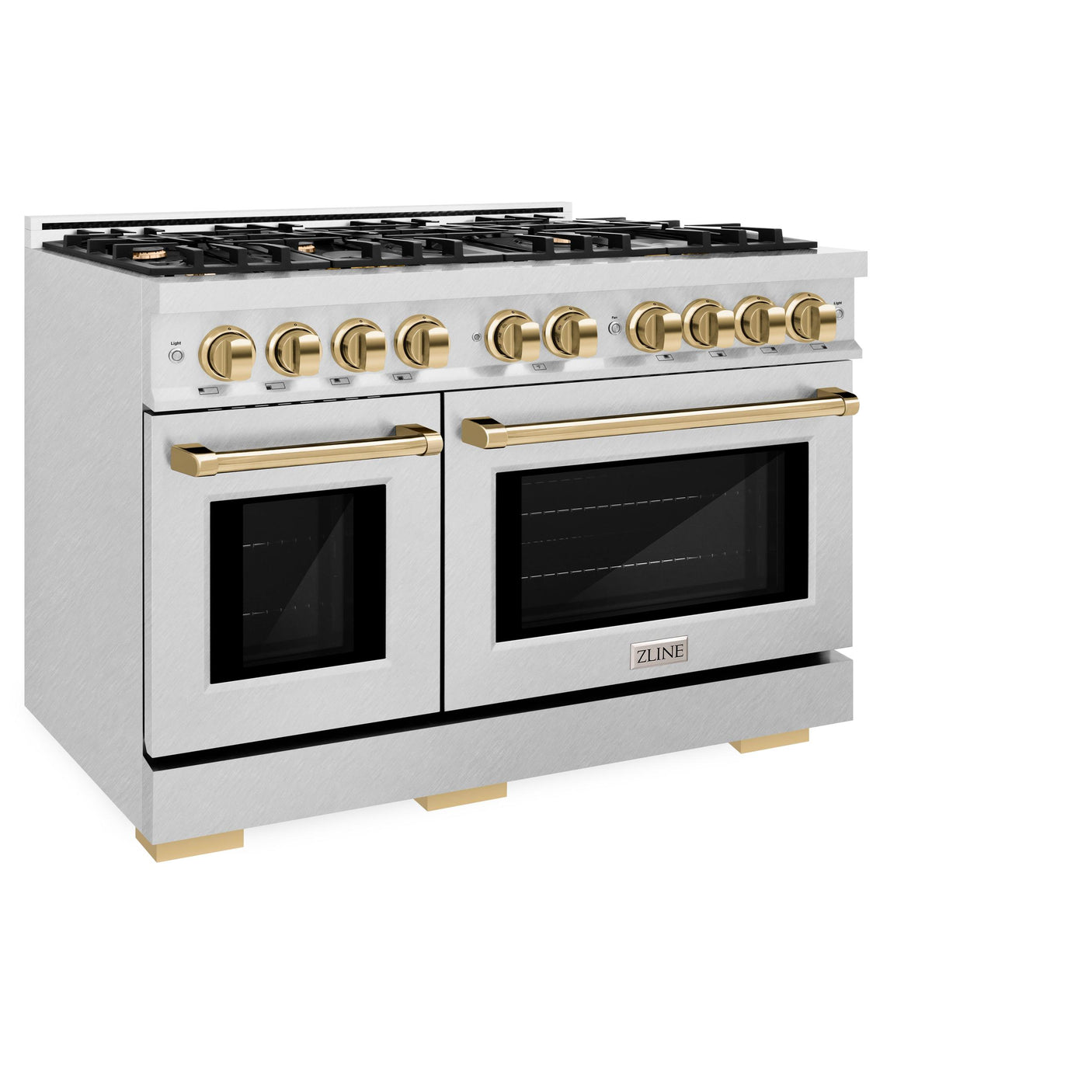 ZLINE Autograph Edition 48 in. 6.7 cu. ft. Select Double Oven Gas Range with 8 Burner Cooktop in DuraSnow' Stainless Steel and Polished Gold Accents (HGRSZ-48-G)