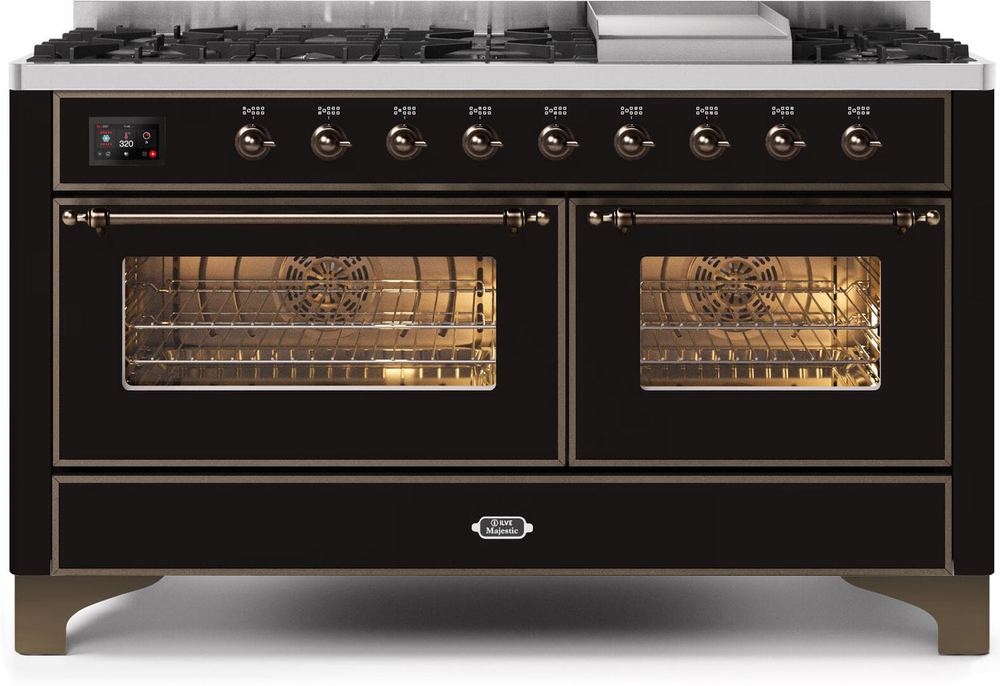 Majestic II 60 Inch Dual Fuel Natural Gas Freestanding Range in Glossy Black with Bronze Trim