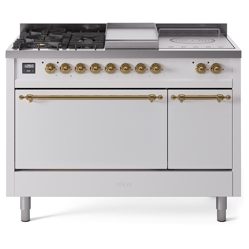 ILVE Nostalgie II 48 UP48FSQNMPWHG Freestanding Dual Fuel Range with 5 Sealed Burners Yes and French Top Double Oven with Solid Door in White with Brass knobs