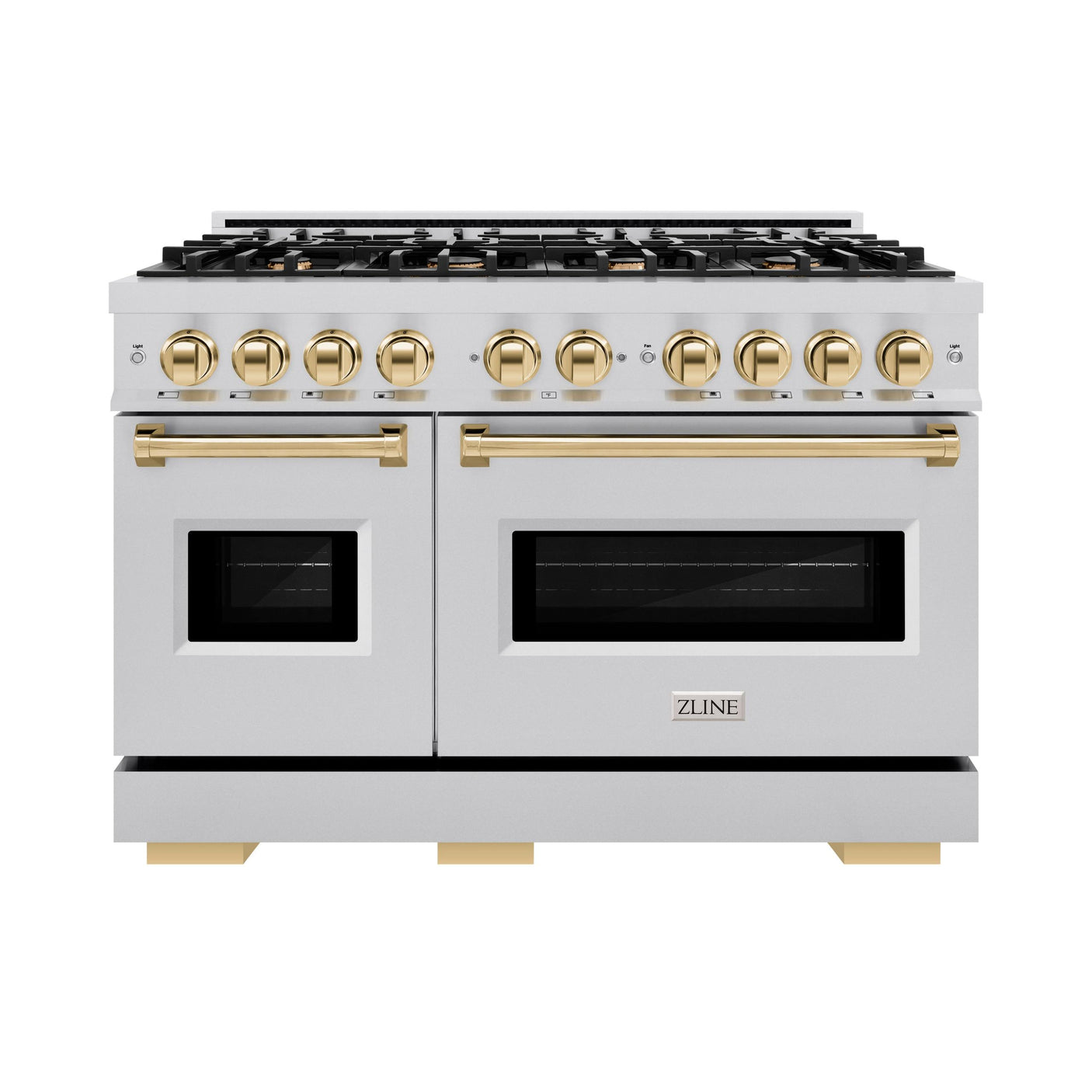 ZLINE Autograph Edition 48 in. 6.7 cu. ft. Classic Double Oven Dual Fuel Range with 8 Burner Gas Cooktop in Stainless Steel and Polished Gold Accents (CDRZ-48-G)