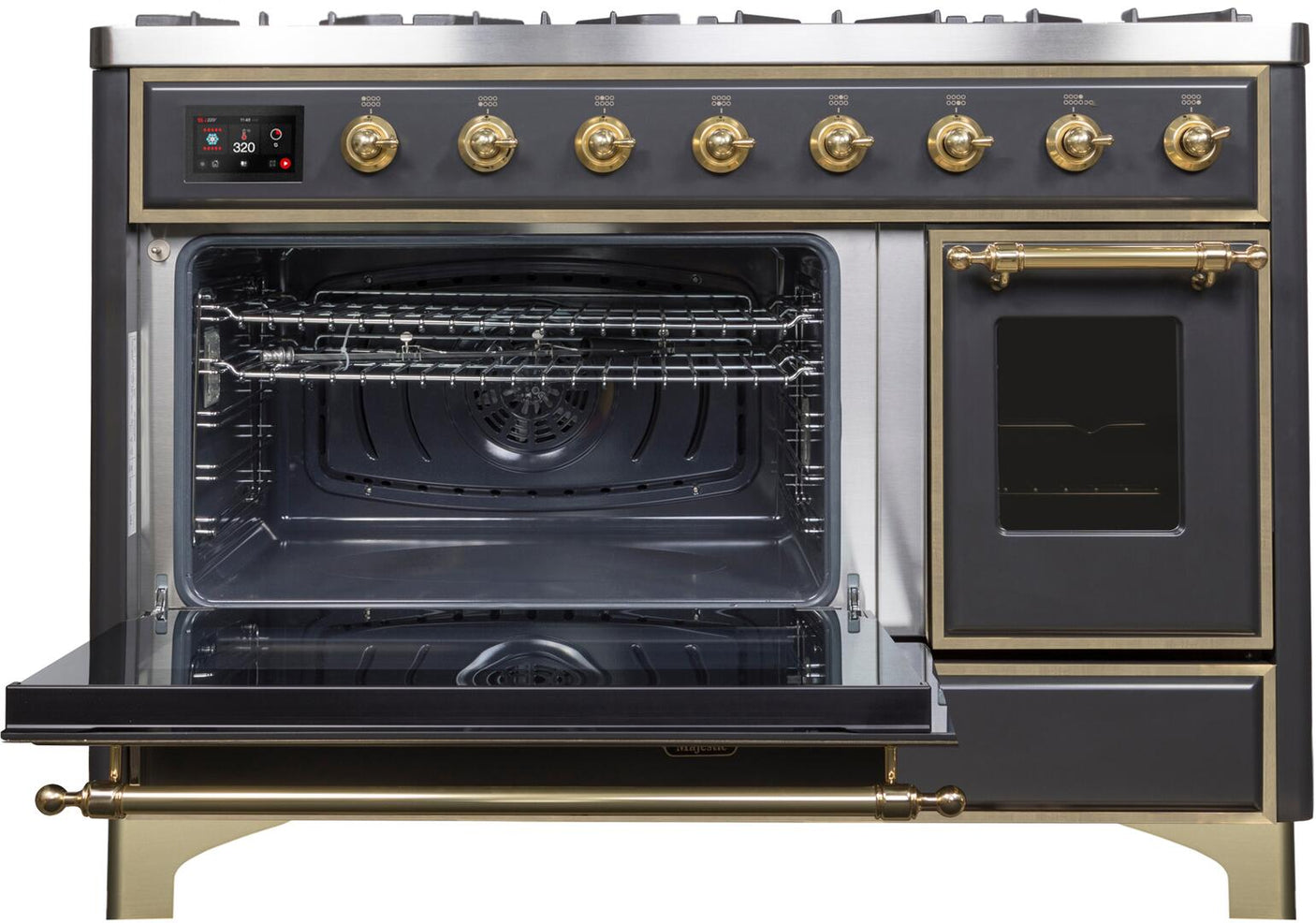 Majestic II 48 Inch Dual Fuel Natural Gas Freestanding Range in Matte Graphite with Brass Trim