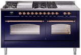 Nostalgie II 60 Inch Dual Fuel Natural Gas Freestanding Range in Blue with Copper Trim