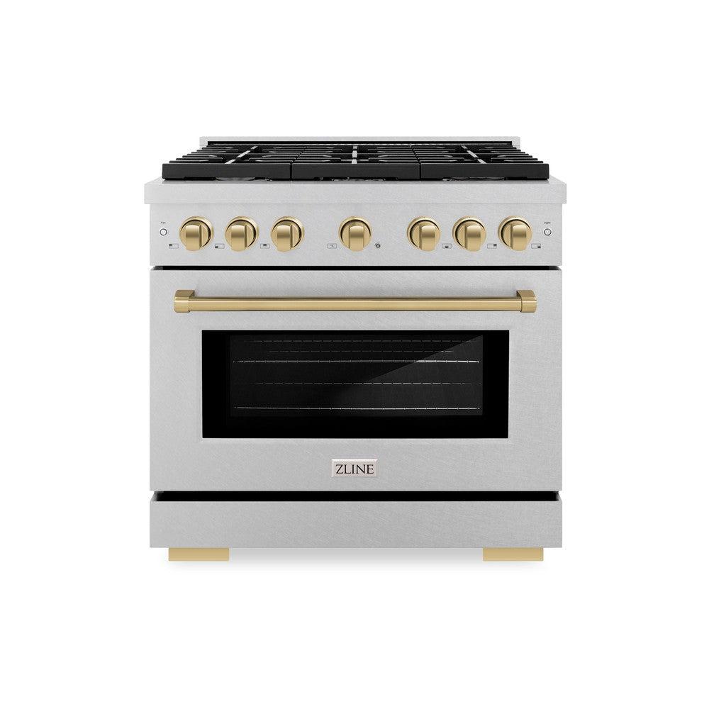 ZLINE Autograph Edition 36 in. 5.2 cu. ft. Paramount Dual Fuel Range with 6 Burner Gas Cooktop and Electric Convection Oven in DuraSnow' Stainless Steel with Champagne Bronze Accents (SDRSZ-36-CB)