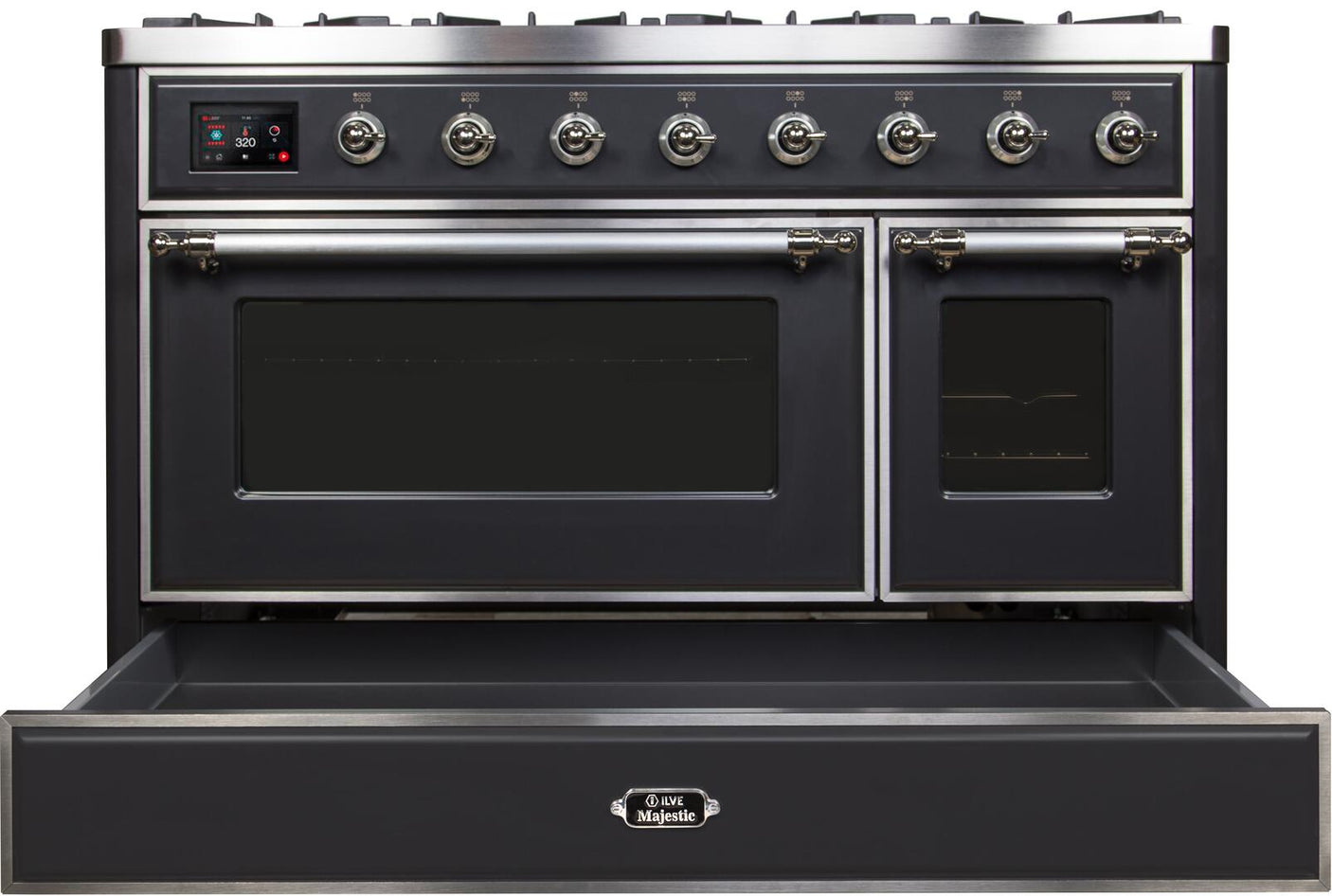 Majestic II 48 Inch Dual Fuel Natural Gas Freestanding Range in Matte Graphite with Chrome Trim