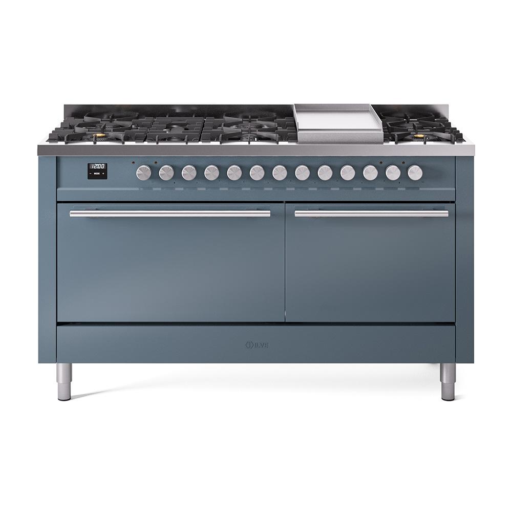 ILVE Professional Plus II 60 UP60FQMPBG Freestanding Dual Fuel Range with 9 Sealed Burners Yes Double Oven with Solid Door in Blue Grey with Stainless Steel knobs