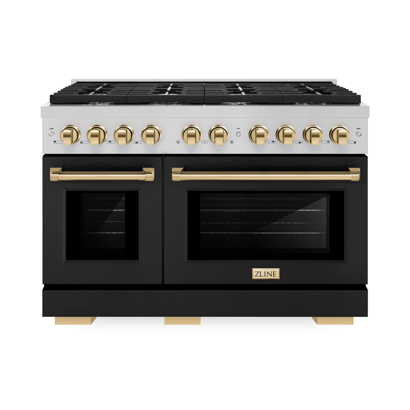 ZLINE Autograph Edition 48 in. 6.7 cu. ft. Paramount Double Oven Dual Fuel Range with 8 Burner Gas Cooktop in Stainless Steel with Black Matte Doors and Polished Gold Accents (SDRZ-BLM-48-G)