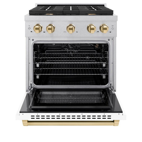 ZLINE Autograph Edition 30 in. 4.2 cu. ft. Paramount Dual Fuel Range with 4 Burner Gas Cooktop and Electric Convection Oven in DuraSnow' Stainless Steel with White Matte Door and Polished Gold Accents (SDRSZ-WM-30-G)