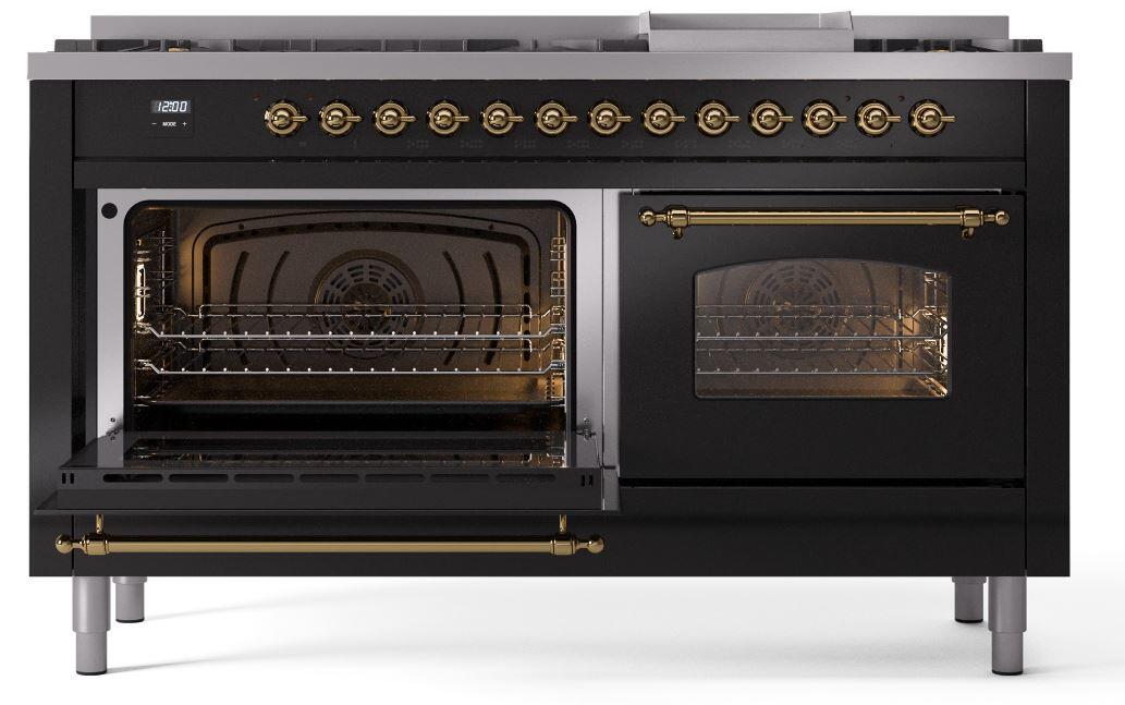 Nostalgie II 60 Inch Dual Fuel Liquid Propane Freestanding Range in Glossy Black with Brass Trim