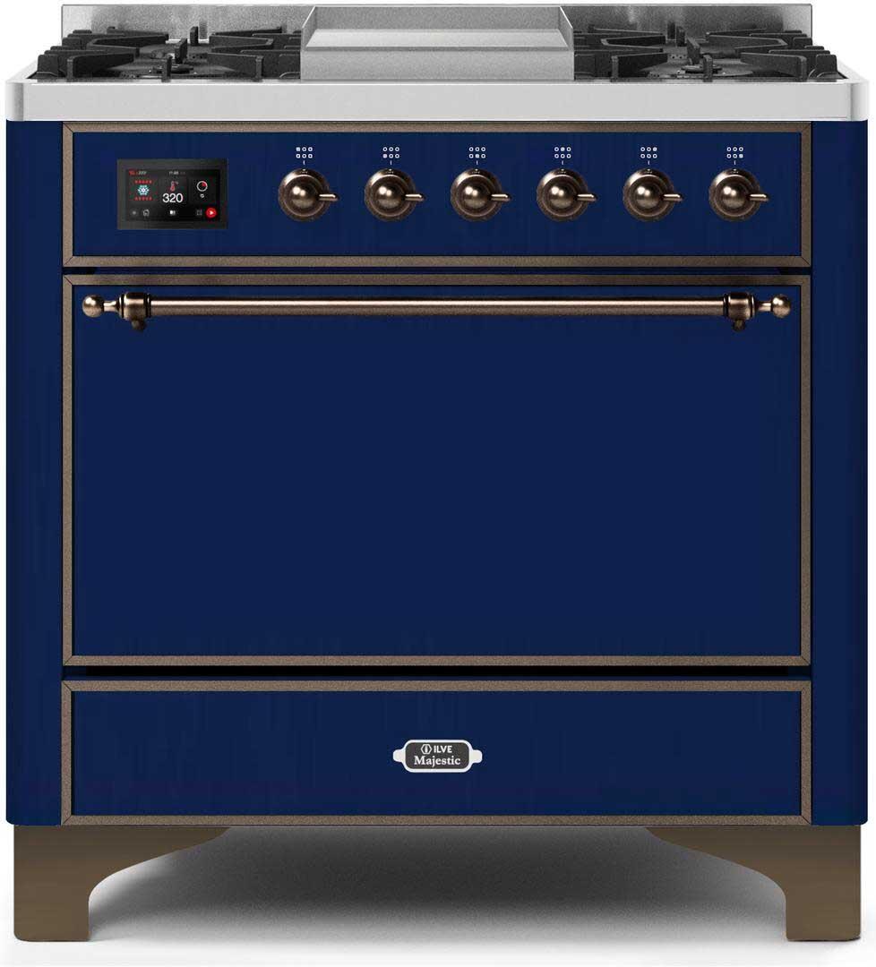 Majestic II 36 Inch Dual Fuel Natural Gas Freestanding Range in Blue with Bronze Trim