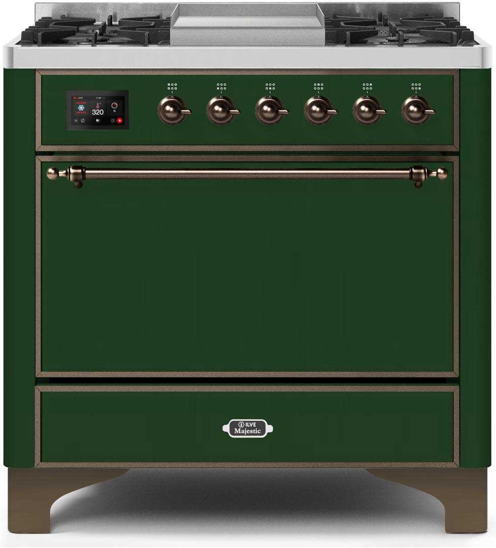 Majestic II 36 Inch Dual Fuel Natural Gas Freestanding Range in Emerald Green with Bronze Trim