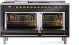 Nostalgie II 60 Inch Dual Fuel Natural Gas Freestanding Range in Glossy Black with Brass Trim