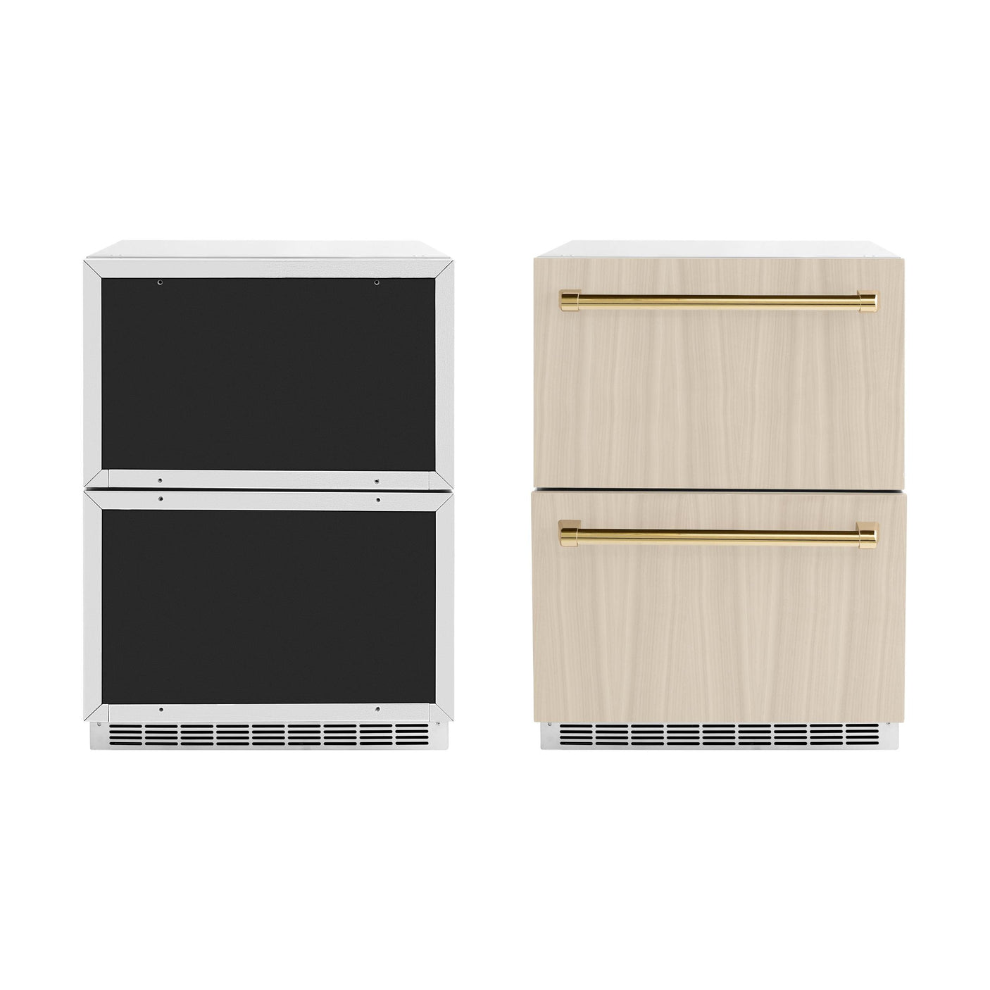 ZLINE Autograph Edition 24 in. Touchstone 168 Can Outdoor-Rated Dual Refrigerator Drawer with Panel-Ready Doors and Polished Gold Handles (RDSPOZ-24-G)