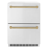 ZLINE Autograph Edition 24 in. Touchstone 168 Can Outdoor-Rated Dual Refrigerator Drawer with Stainless Steel Doors and Champagne Bronze Handles (RDSOZ-ST-24-CB)