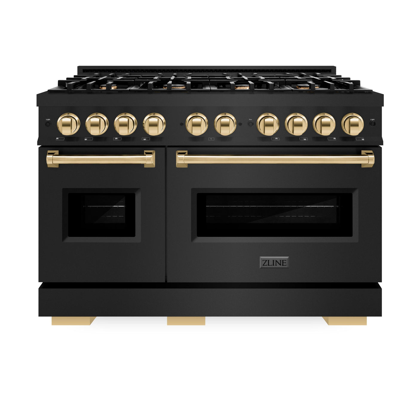 ZLINE Autograph Edition 48 in. 6.7 cu. ft. Classic Double Oven Gas Range with 8 Burner Cooktop in Black Stainless Steel and Polished Gold Accents (CGRBZ-48-G)