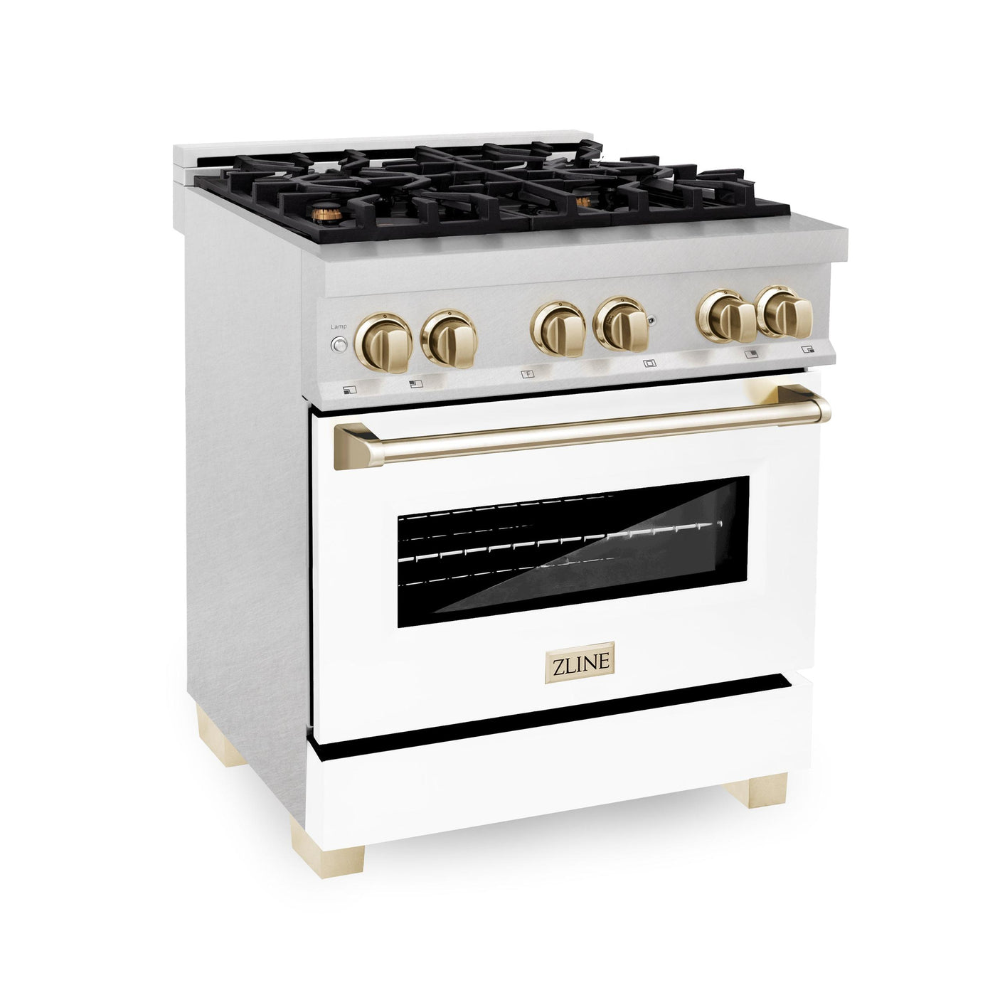 ZLINE Autograph Edition 30" 4.0 cu. ft. Dual Fuel Range with Gas Stove and Electric Oven in DuraSnow Stainless Steel with White Matte Door and Accents (RASZ-WM-30) [Color: Gold]