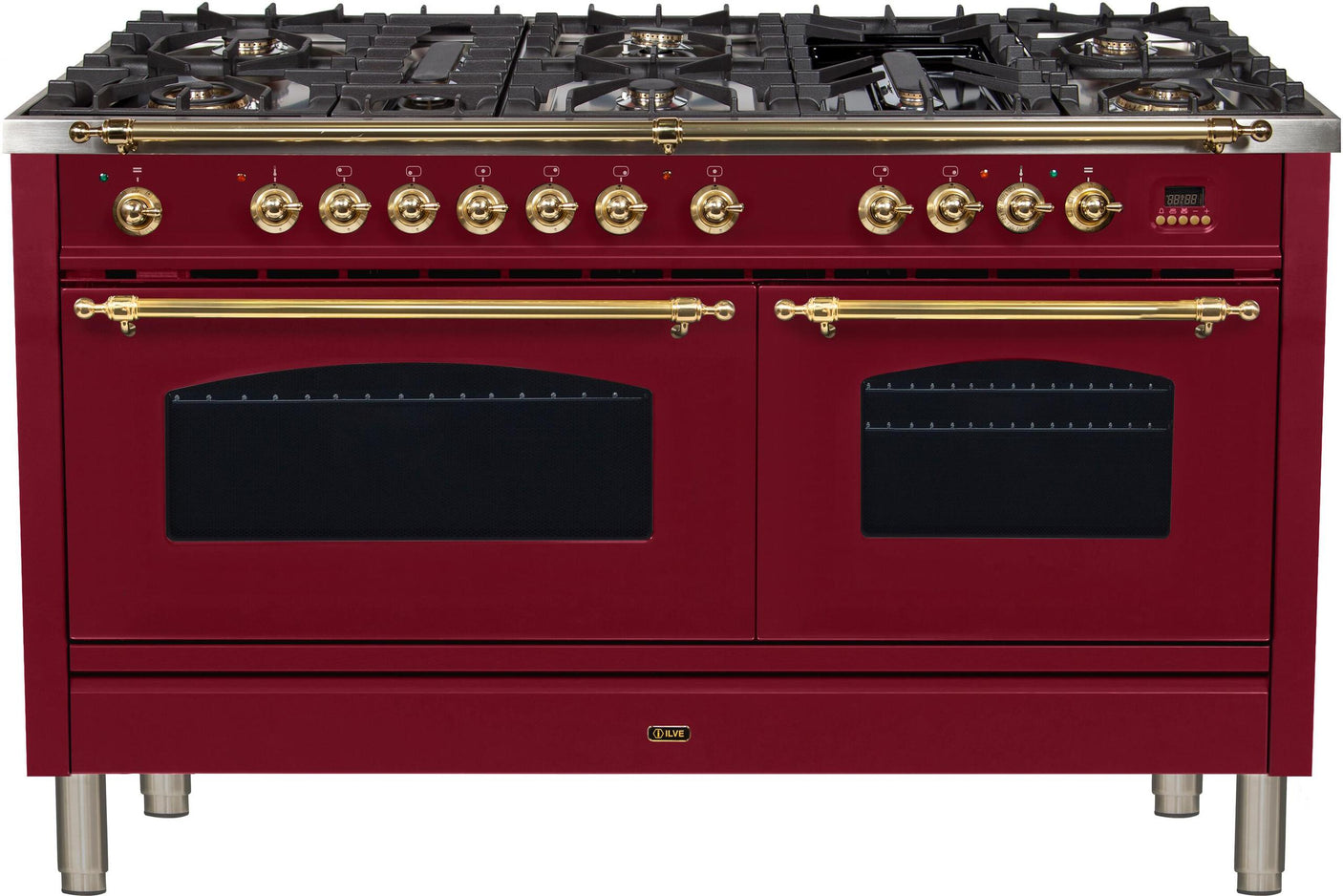 60" Nostalgie Series Freestanding Double Oven Dual Fuel Range with 8 Sealed Burners and Griddle in Burgundy