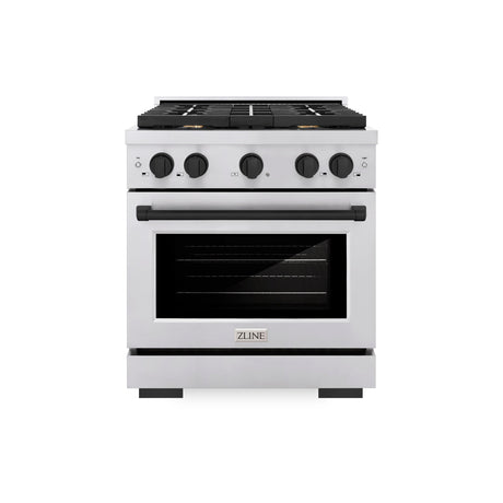 ZLINE Autograph Edition 30 in. 4.2 cu. ft. Paramount Dual Fuel Range with 4 Burner Gas Cooktop and Electric Convection Oven in Stainless Steel with Matte Black Accents (SDRZ-30-MB)