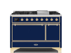 Majestic II 48 Inch Dual Fuel Natural Gas Freestanding Range in Blue with Brass Trim