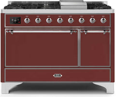 Majestic II 48 Inch Dual Fuel Natural Gas Freestanding Range in Burgundy with Chrome Trim