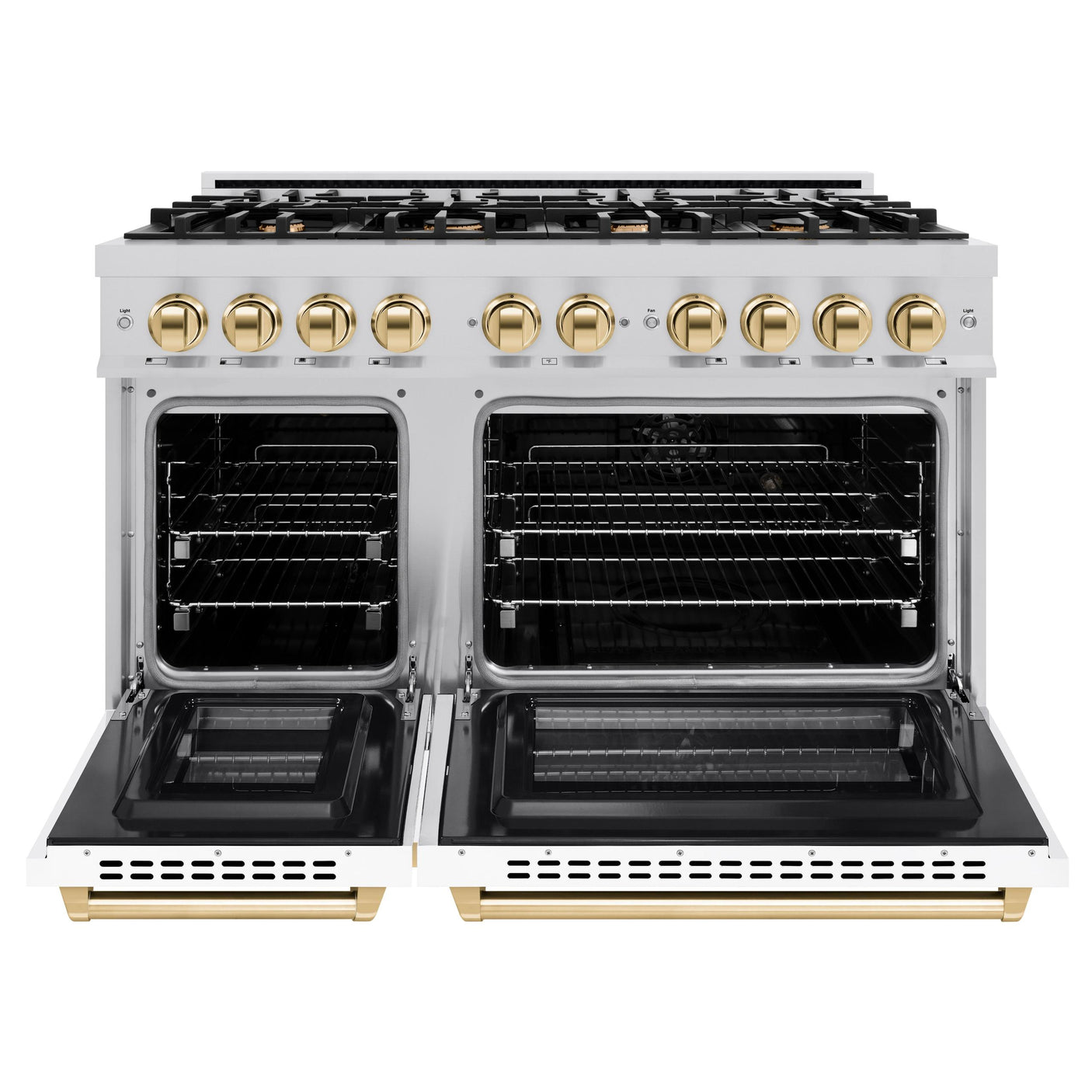 ZLINE Autograph Edition 48 in. 6.7 cu. ft. Select Double Oven Dual Fuel Range with 8 Burner Gas Cooktop in DuraSnow' Stainless Steel with White Matte Doors and Polished Gold Accents (HDRSZ-WM-48-G)