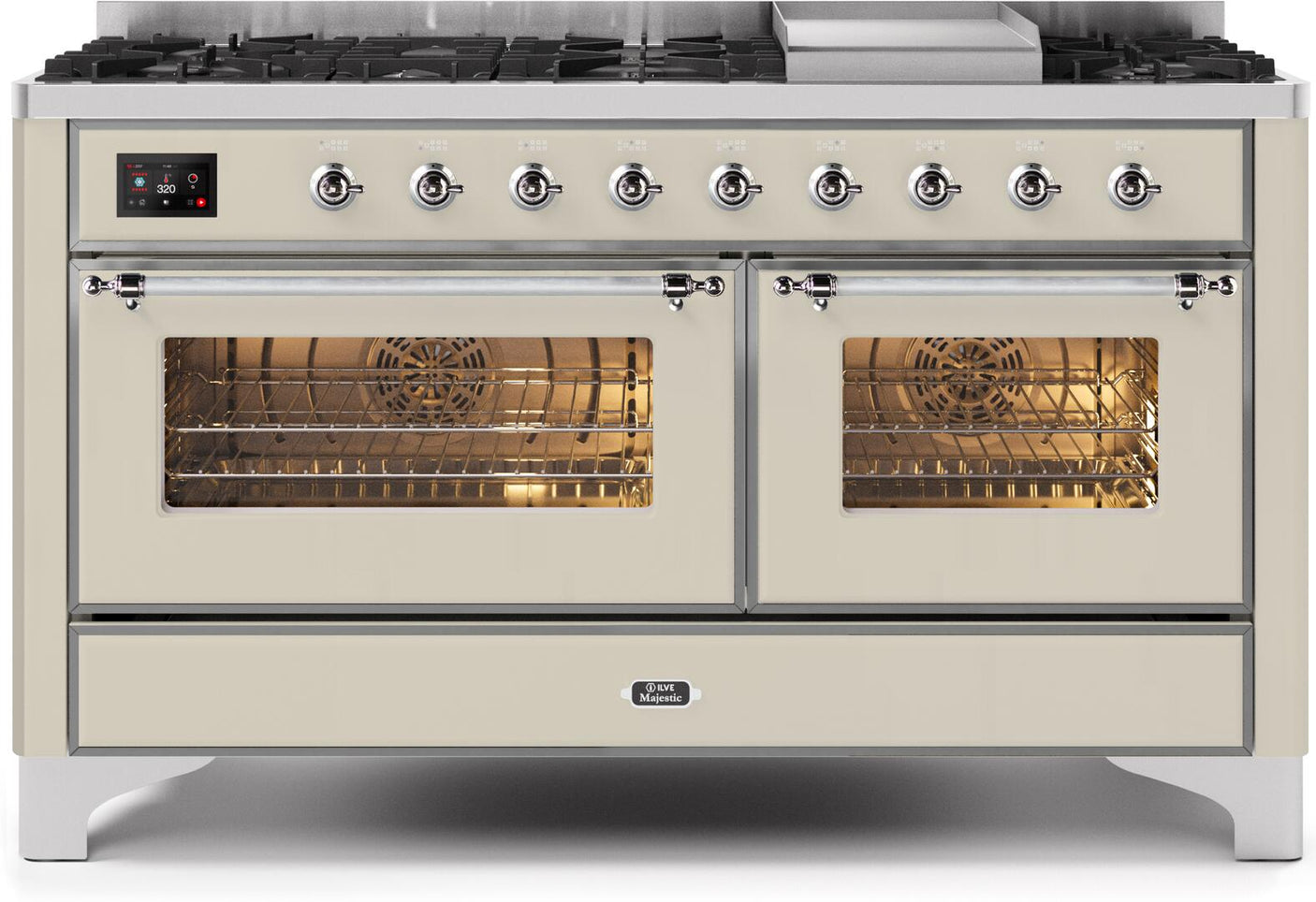 Majestic II 60 Inch Dual Fuel Natural Gas Freestanding Range in Antique White with Chrome Trim