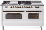 Nostalgie II 60 Inch Dual Fuel Natural Gas Freestanding Range in White with Bronze Trim