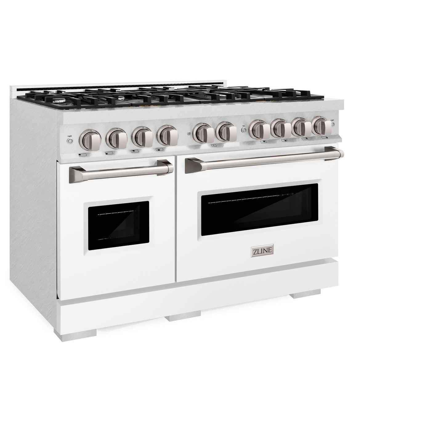 ZLINE 48 in. 6.7 cu. ft. Classic Double Oven Dual Fuel Range with 8 Burner Gas Cooktop in DuraSnow' Stainless Steel with White Matte Doors (CDRS-WM-48)